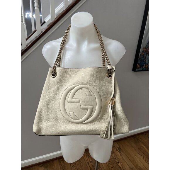 GUCCI Pebbled Calfskin Medium Soho Chain Shoulder Bag Off White Ivory - Picture 5 of 16